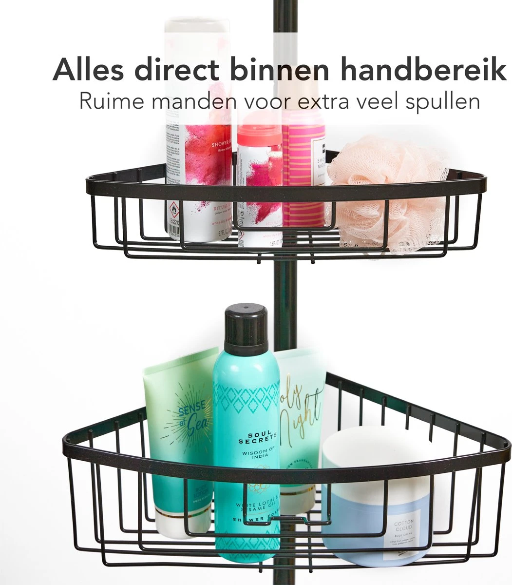 Ogoods Telescopisch Doucherek Inclusief 4 Manden - Zwart - Badkamerrek - Zonder Boren - In Hoogte Verstelbaar - Opbergsysteem 7 Ogoods Telescopisch Doucherek Inclusief 4 Manden - Zwart - Badkamerrek - Zonder Boren - In Hoogte Verstelbaar - Opbergsysteem - Afbeelding 5
