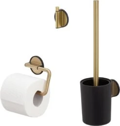 Tiger Tune - Toiletaccessoireset - Toiletborstel Met Houder - Toiletrolhouder Zonder Klep - Handdoekhaak – Messing Geborsteld / Zwart