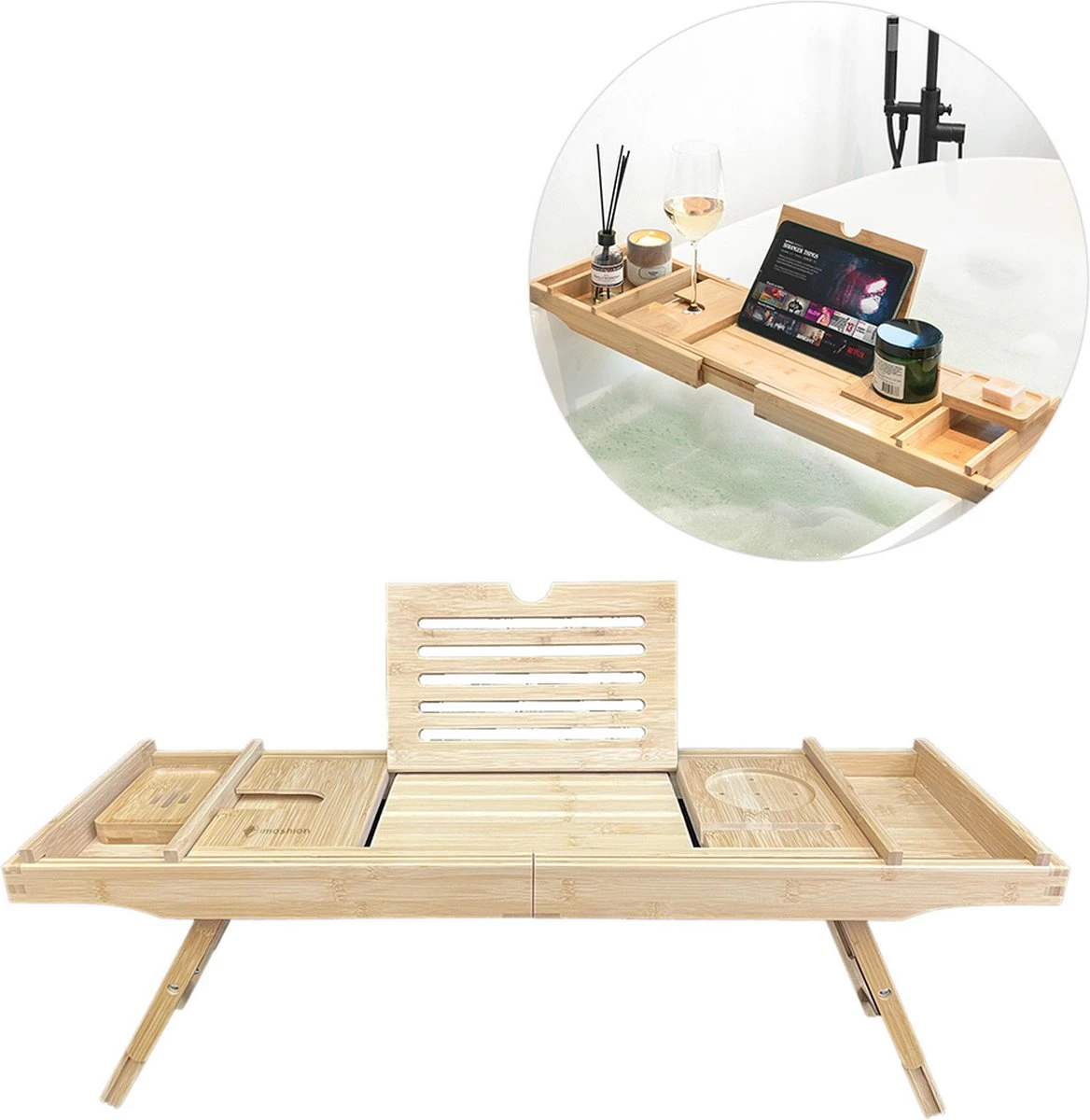 IMoshion Badplank Voor In Bad - Dienblad Inclusief Pootjes - Tablet Houder - Badrek Uitschuifbaar 75 Tot 110 Cm - Lichtbruin 3 IMoshion Badplank Voor In Bad - Dienblad Inclusief Pootjes - Tablet Houder - Badrek Uitschuifbaar 75 Tot 110 Cm - Lichtbruin