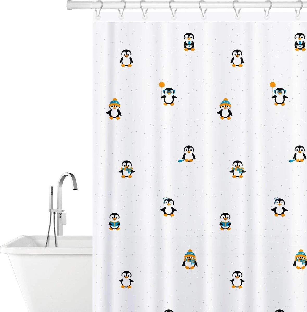 FUNNY PENGUINS - Waterdicht Douchegordijn - Met GRATIS 12 Ringen - Anti-Schimmel Badkamer Gordijn - Wasbaar - 100% Polyester - Pinguins Design - 180X180 CM 3 FUNNY PENGUINS - Waterdicht Douchegordijn - Met GRATIS 12 Ringen - Anti-Schimmel Badkamer Gordijn - Wasbaar - 100% Polyester - Pinguins Design - 180X180 CM