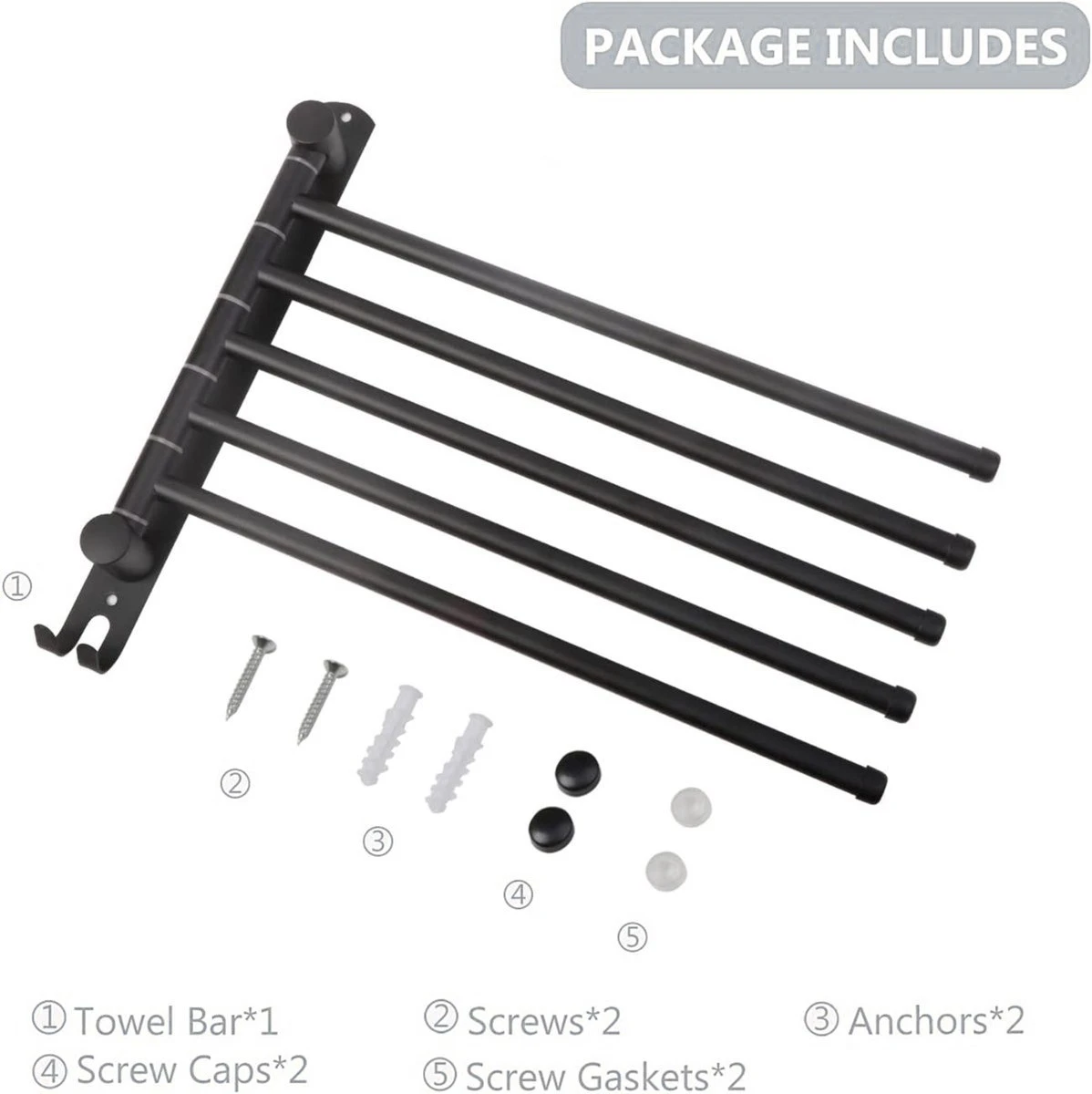 BOTC Handdoekrek - 5-armig Handdoekhouder - Handdoekstang - 180 Graden Verstelbaar - Badkamer - Zwart 7 BOTC Handdoekrek - 5-armig Handdoekhouder - Handdoekstang - 180 Graden Verstelbaar - Badkamer - Zwart - Afbeelding 5