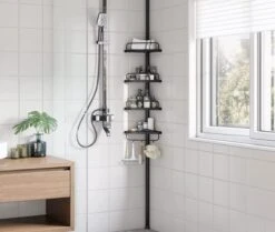 Verstelbaar Doucherek - 85-305 Cm - Van Vloer Tot Plafond - Met 4 Vakken - 3 Haken - Zwart -Badkamerproducten Winkel 1200x1017 2