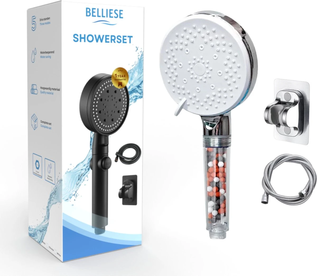 Belliese Doucheset Ionic - Douchekop - Doucheslang - Douchekophouder - Douchekop Met Slang - Waterbesparende Douchekop - Ionische Filter Douchekop - Badkamer Accessoires - Montage Zonder Boren - 5 Standen - Chroom 3 Belliese Doucheset Ionic - Douchekop - Doucheslang - Douchekophouder - Douchekop Met Slang - Waterbesparende Douchekop - Ionische Filter Douchekop - Badkamer Accessoires - Montage Zonder Boren - 5 Standen - Chroom