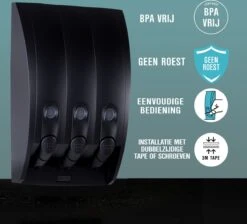 Aquathof, Zeepdispenser, Mat Zwart, 3 Kamer, 3 Reservoirs, 3x350ml, Hangend, Wandmontage -Badkamerproducten Winkel 1200x1089 9