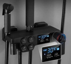 Merkloos Compleet Douchesysteem | ABS Doucheset | Mat Zwarte Hoofddouche En Handdouche | Vierkante Regendouche Voor Badkamer | Verstelbaar | Temperatuur Display | 360° Draaibaar -Badkamerproducten Winkel 1200x1092