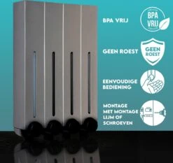 Aquathof, Zeepdispenser, RVS Kleur, 4 Kamer, 4 Reservoirs, 4x500ml, Hangend - Wandmontage -Badkamerproducten Winkel 1200x1133 5