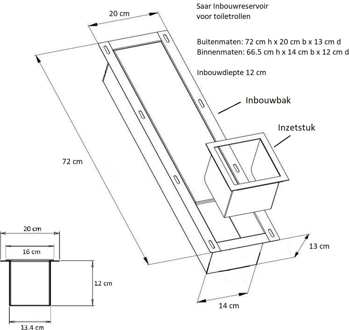 SAAR -Inbouw Toilet Reserve Rolhouder RVS - Met - MAT ZWART - Inzetstuk , (uitneembaar) -72 X 20 X 13 Cm - Inbouwdiepte 12 Cm 4 SAAR -Inbouw Toilet Reserve Rolhouder RVS - Met - MAT ZWART - Inzetstuk , (uitneembaar) -72 X 20 X 13 Cm - Inbouwdiepte 12 Cm - Afbeelding 2