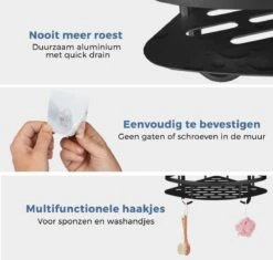 Merkloos Zelfklevend Doucherek 2 Laags - Ophangbaar Hoek Badrek Met Zuignap - Hangend Badkamer Rekje - Douchemandje - Geschikt Voor Muur/Wand Bevestiging - Ophangen Zonder Boren En Schroeven - Roestvrij - Mat Zwart -Badkamerproducten Winkel 1200x1143 7