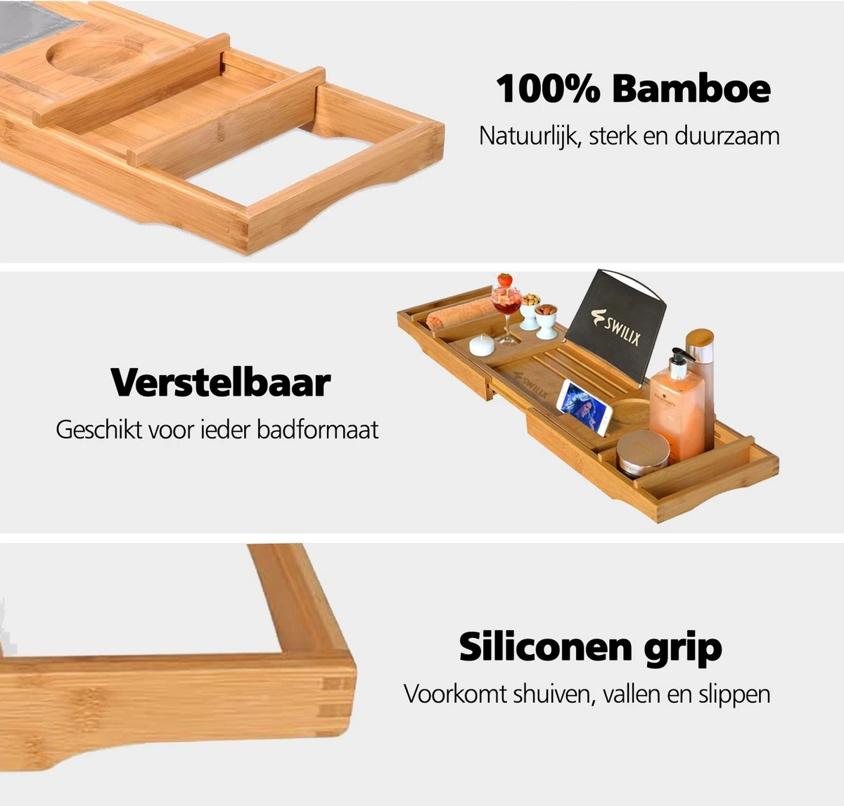 SWILIX ® Badplank - Uitschuifbaar - Voor In Bad - 71 Tot 108 Cm - Met Houder - Hout 5 SWILIX ® Badplank - Uitschuifbaar - Voor In Bad - 71 Tot 108 Cm - Met Houder - Hout - Afbeelding 3