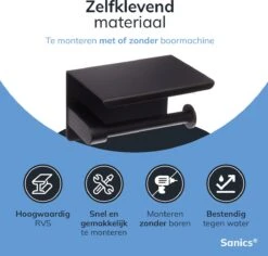 Sanics WC Rolhouder Zwart – Toiletrolhouder Zonder Boren – Met Plankje - Zelfklevend - RVS -Badkamerproducten Winkel 1200x1148 1