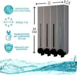 Aquathof, Zeepdispenser, RVS Kleur, 4 Kamer, 4 Reservoirs, 4x500ml, Hangend - Wandmontage -Badkamerproducten Winkel 1200x1163 5