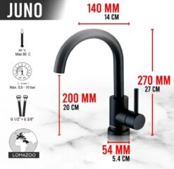 LOMAZOO Wastafelkraan Zwart Hoog Juno - Zwarte Wastafelkraan - Badkamerkraan Zwart - Zwarte Badkamerkraan -Badkamerproducten Winkel 1200x1167 11