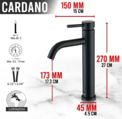 LOMAZOO Wastafelkraan Zwart Cardano - Zwarte Kraan - Badkamerkraan - Wastafel Mengkraan - Hoog -Badkamerproducten Winkel 1200x1167 12