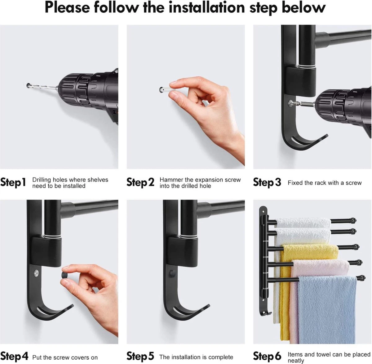 BOTC Handdoekrek - 5-armig Handdoekhouder - Handdoekstang - 180 Graden Verstelbaar - Badkamer - Zwart 8 BOTC Handdoekrek - 5-armig Handdoekhouder - Handdoekstang - 180 Graden Verstelbaar - Badkamer - Zwart - Afbeelding 6