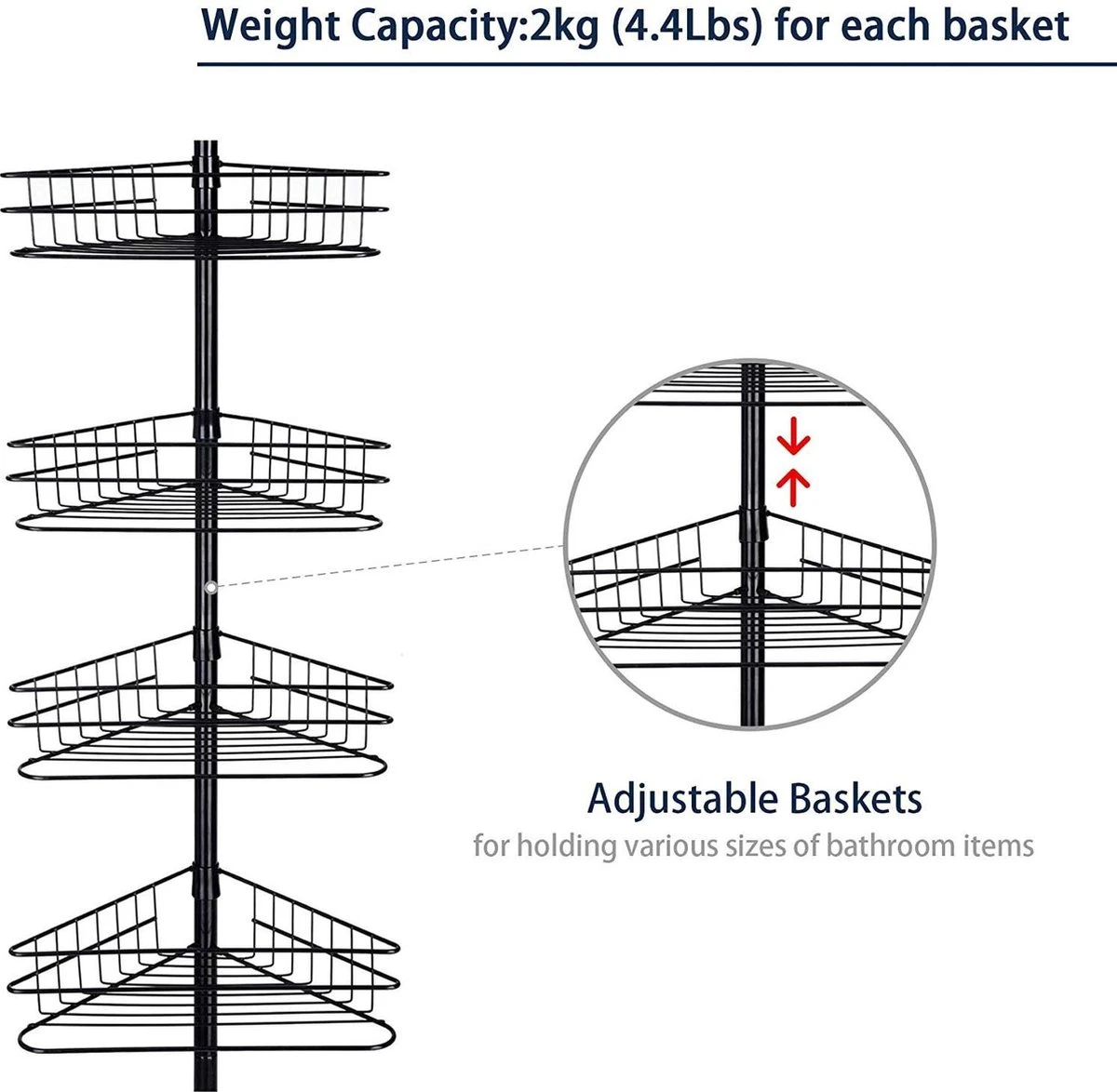 SensaHome Telescopisch Douche Rek Met 4 Lagen - Verstelbaar Bad / Douche Hoekrek Opbergrek - Uitschuifbaar Van 145-250 Cm - Zwart 6 SensaHome Telescopisch Douche Rek Met 4 Lagen - Verstelbaar Bad / Douche Hoekrek Opbergrek - Uitschuifbaar Van 145-250 Cm - Zwart - Afbeelding 4