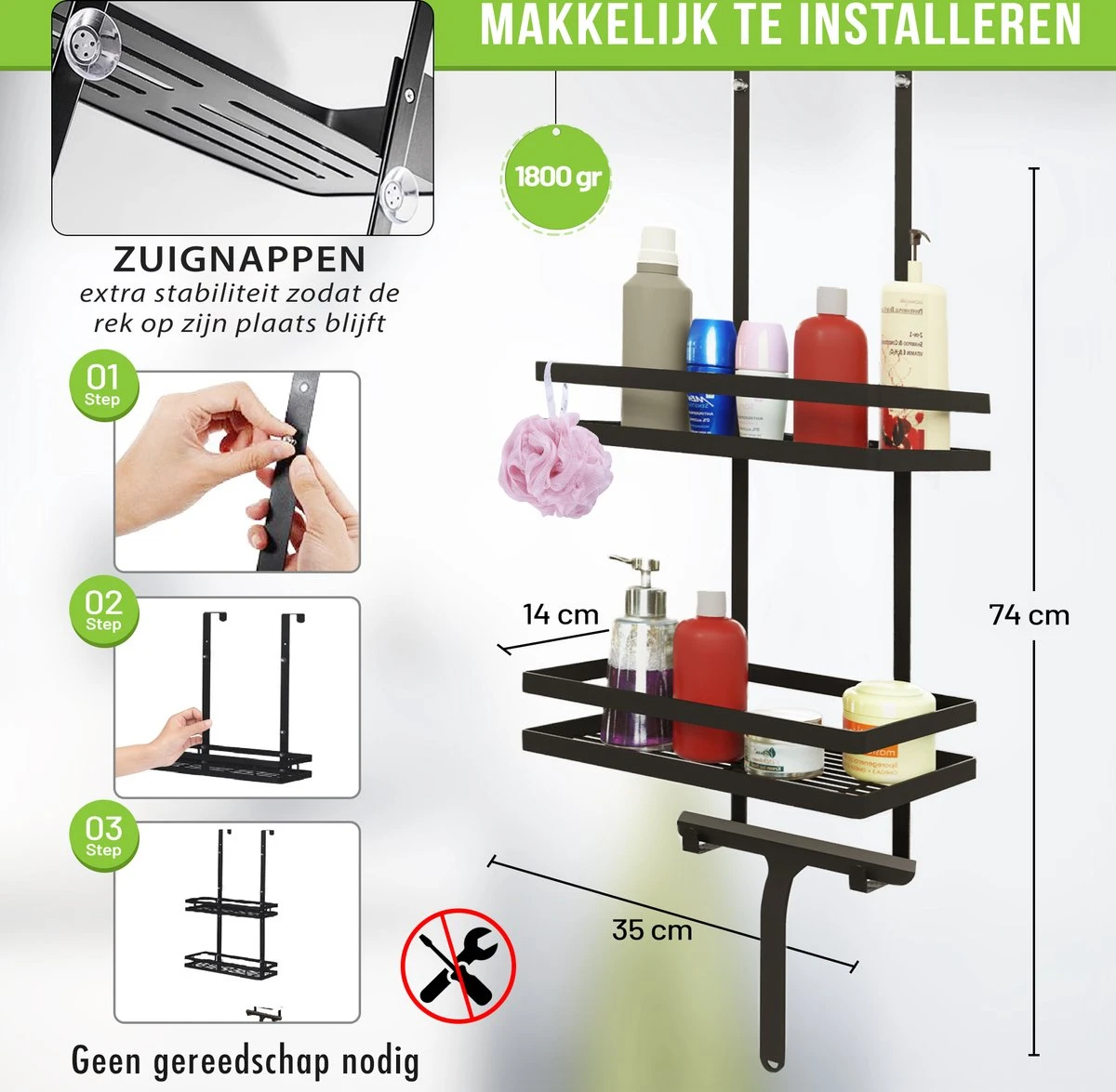 Doucherek Zonder Boren Inclusief Douchewisser - Aan Douchewand - Zwart - Ophangbaar - Zuignap - 2 Laags - Wiper - Shower Rack - Valentijnsdag Cadeau 7 Doucherek Zonder Boren Inclusief Douchewisser - Aan Douchewand - Zwart - Ophangbaar - Zuignap - 2 Laags - Wiper - Shower Rack - Valentijnsdag Cadeau - Afbeelding 5