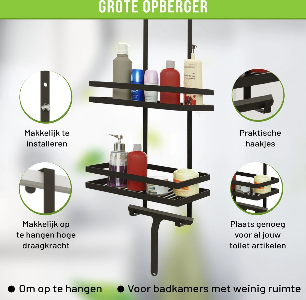 Doucherek Zonder Boren Inclusief Douchewisser - Aan Douchewand - Zwart - Ophangbaar - Zuignap - 2 Laags - Wiper - Shower Rack - Valentijnsdag Cadeau 10 Doucherek Zonder Boren Inclusief Douchewisser - Aan Douchewand - Zwart - Ophangbaar - Zuignap - 2 Laags - Wiper - Shower Rack - Valentijnsdag Cadeau - Afbeelding 8
