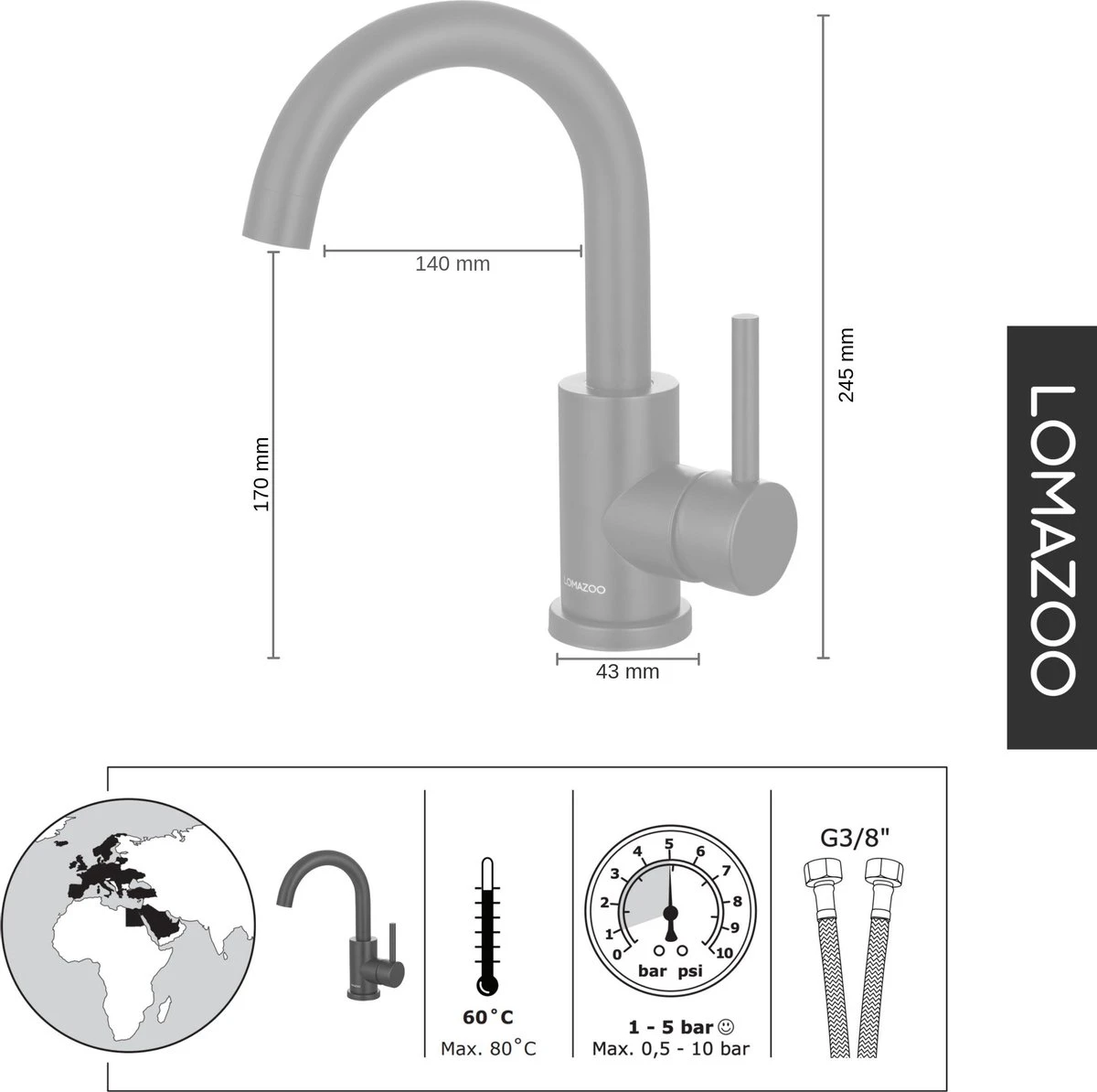 LOMAZOO Wastafelkraan Zwart Styx - Zwarte Wastafelkraan - Badkamerkraan Zwart - Zwarte Badkamerkraan 4 LOMAZOO Wastafelkraan Zwart Styx - Zwarte Wastafelkraan - Badkamerkraan Zwart - Zwarte Badkamerkraan - Afbeelding 2