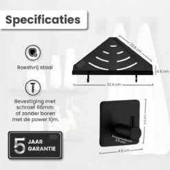 Dubbele Doucherek Zwart Zonder Boren – Sterke Lijmbasis - Badkamer Rek – Hoek – Doucherekjes – Incl. Schroeven – Incl. 2 Haken -Badkamerproducten Winkel 1200x1198 35