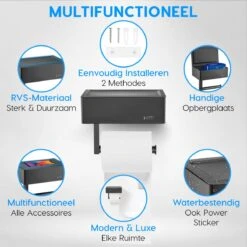 Happy Goods - WC Rolhouder Zonder Boren Zwart - Toiletrolhouder Met Plankje En Bakje RVS - Met Handdoekhaakje -Badkamerproducten Winkel 1200x1200 1222