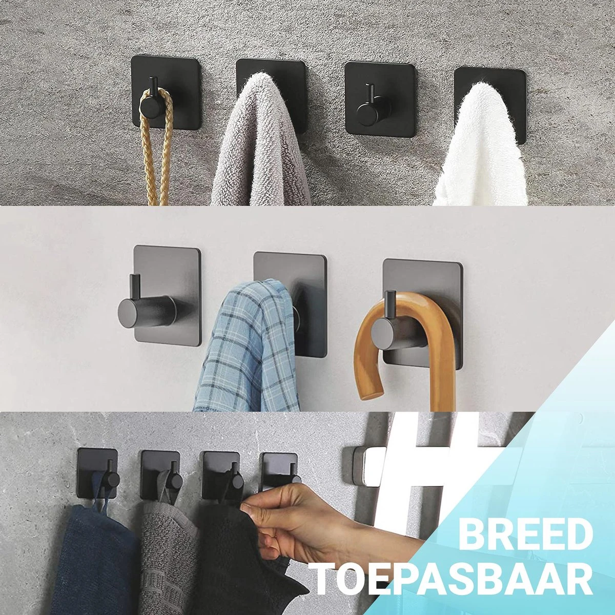 Qitch & Quisine Handdoekhaakjes - Set Van 3 Zwarte Haakjes - Zelfklevend - Waterbestendig - RVS 10 Qitch & Quisine Handdoekhaakjes - Set Van 3 Zwarte Haakjes - Zelfklevend - Waterbestendig - RVS - Afbeelding 8