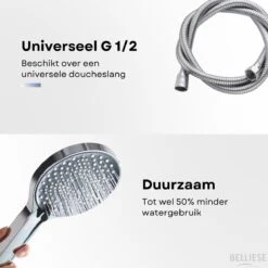 Belliese Doucheset Wellness- Douchekop - Doucheslang - Douchekophouder - Douchekop Met Slang - Waterbesparende Douchekop - Badkamer Accessoires - Montage Zonder Boren - 3 Standen - Zilver -Badkamerproducten Winkel 1200x1200 130