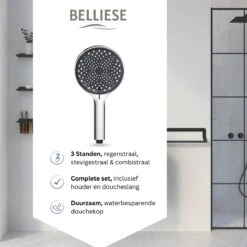 Belliese Doucheset Wellness- Douchekop - Doucheslang - Douchekophouder - Douchekop Met Slang - Waterbesparende Douchekop - Badkamer Accessoires - Montage Zonder Boren - 3 Standen - Zilver -Badkamerproducten Winkel 1200x1200 133