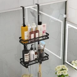 Doucherek Zonder Boren Inclusief Douchewisser - Aan Douchewand - Zwart - Ophangbaar - Zuignap - 2 Laags - Wiper - Shower Rack - Valentijnsdag Cadeau -Badkamerproducten Winkel 1200x1200 1599