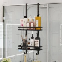 Doucherek Zonder Boren Inclusief Douchewisser - Aan Douchewand - Zwart - Ophangbaar - Zuignap - 2 Laags - Wiper - Shower Rack - Valentijnsdag Cadeau -Badkamerproducten Winkel 1200x1200 1600