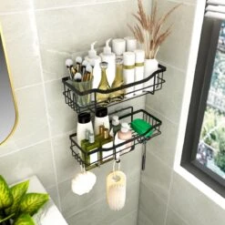 STRICX Doucherek 2 Laags Zwart - Zelfklevend Doucherek Inclusief 3 Ophanghaakjes - Doucherek Voor Badkamer / Keuken - Doucherek Met Plakstrip - Keukenrek Met Plakstrip - Badrek Douche - Kruidenrek Specerijen - Badkamerrek Douchemandje -Badkamerproducten Winkel 1200x1200 1676