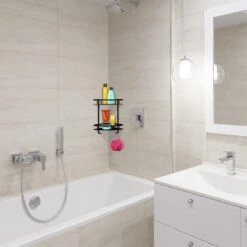 Merkloos Zelfklevend Doucherek 2 Laags - Ophangbaar Hoek Badrek Met Zuignap - Hangend Badkamer Rekje - Douchemandje - Geschikt Voor Muur/Wand Bevestiging - Ophangen Zonder Boren En Schroeven - Roestvrij - Mat Zwart -Badkamerproducten Winkel 1200x1200 1703