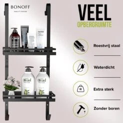 Bonoff Doucherek Zwart – 2 Laags - Doucherek Zonder Boren - Zwart – Doucherek Hangend - Badkamerrek –RVS – Badkamer Accessoires – Stijlvol 16 Bonoff Doucherek Zwart – 2 Laags - Doucherek Zonder Boren - Zwart – Doucherek Hangend - Badkamerrek –RVS – Badkamer Accessoires – Stijlvol -Badkamerproducten Winkel 1200x1200 1735