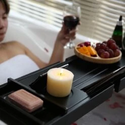 Merkloos Decopatent® Badplank - Uitschuifbaar 75 -> 110 Cm - Verstelbaar Bamboe Badrekje Voor In Bad - Boekenhouder - Tablethouder - Zwart -Badkamerproducten Winkel 1200x1200 1873