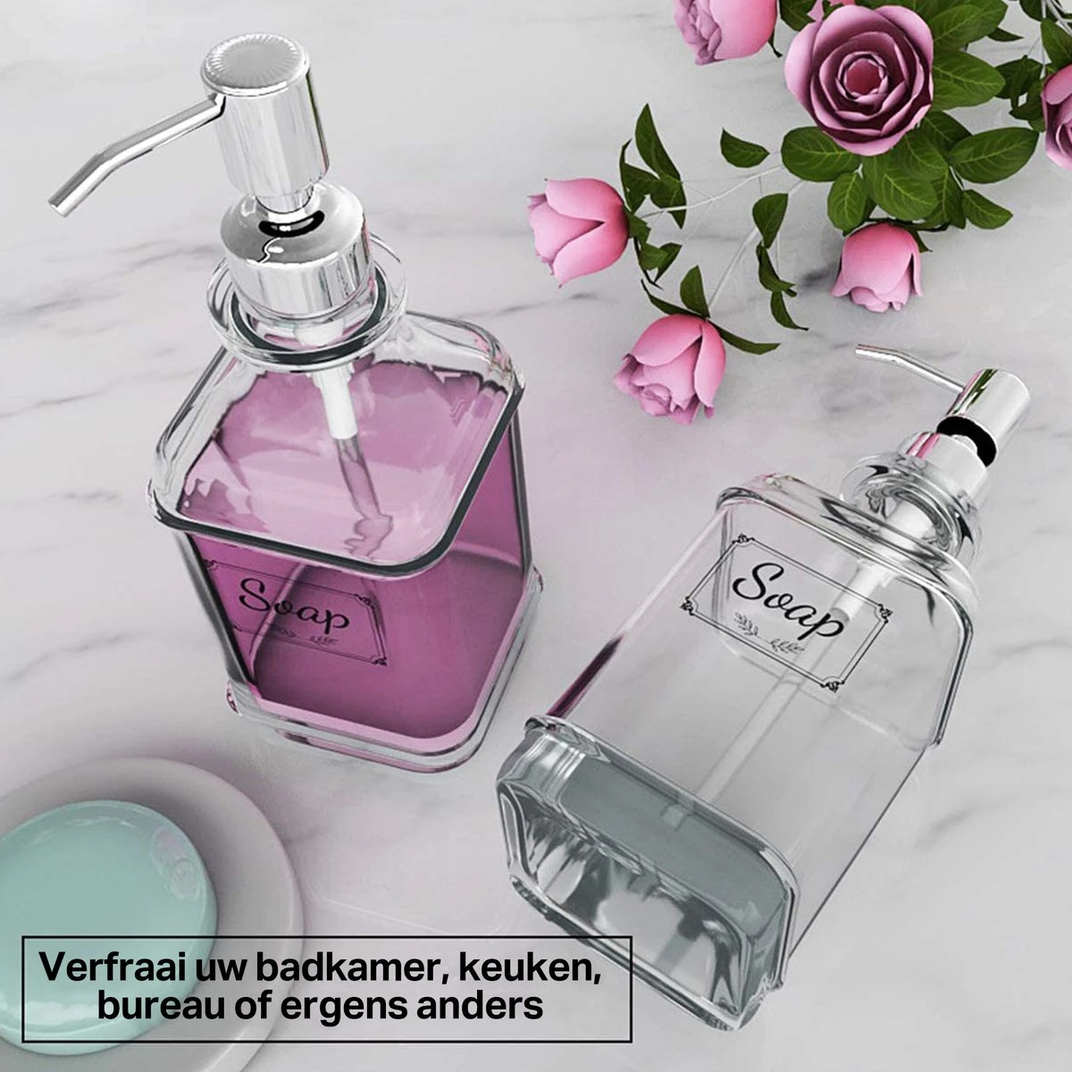 Wonix® - Zeepdispenser - Zeeppompje - Transparant Glas - RVS Pompkop - Met Stickers - 350ml - 2 Stuks 4 Wonix® - Zeepdispenser - Zeeppompje - Transparant Glas - RVS Pompkop - Met Stickers - 350ml - 2 Stuks - Afbeelding 2