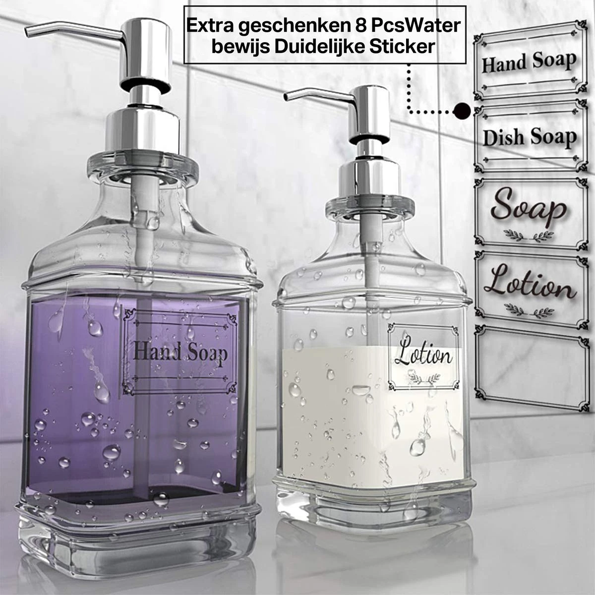 Wonix® - Zeepdispenser - Zeeppompje - Transparant Glas - RVS Pompkop - Met Stickers - 350ml - 2 Stuks 6 Wonix® - Zeepdispenser - Zeeppompje - Transparant Glas - RVS Pompkop - Met Stickers - 350ml - 2 Stuks - Afbeelding 4