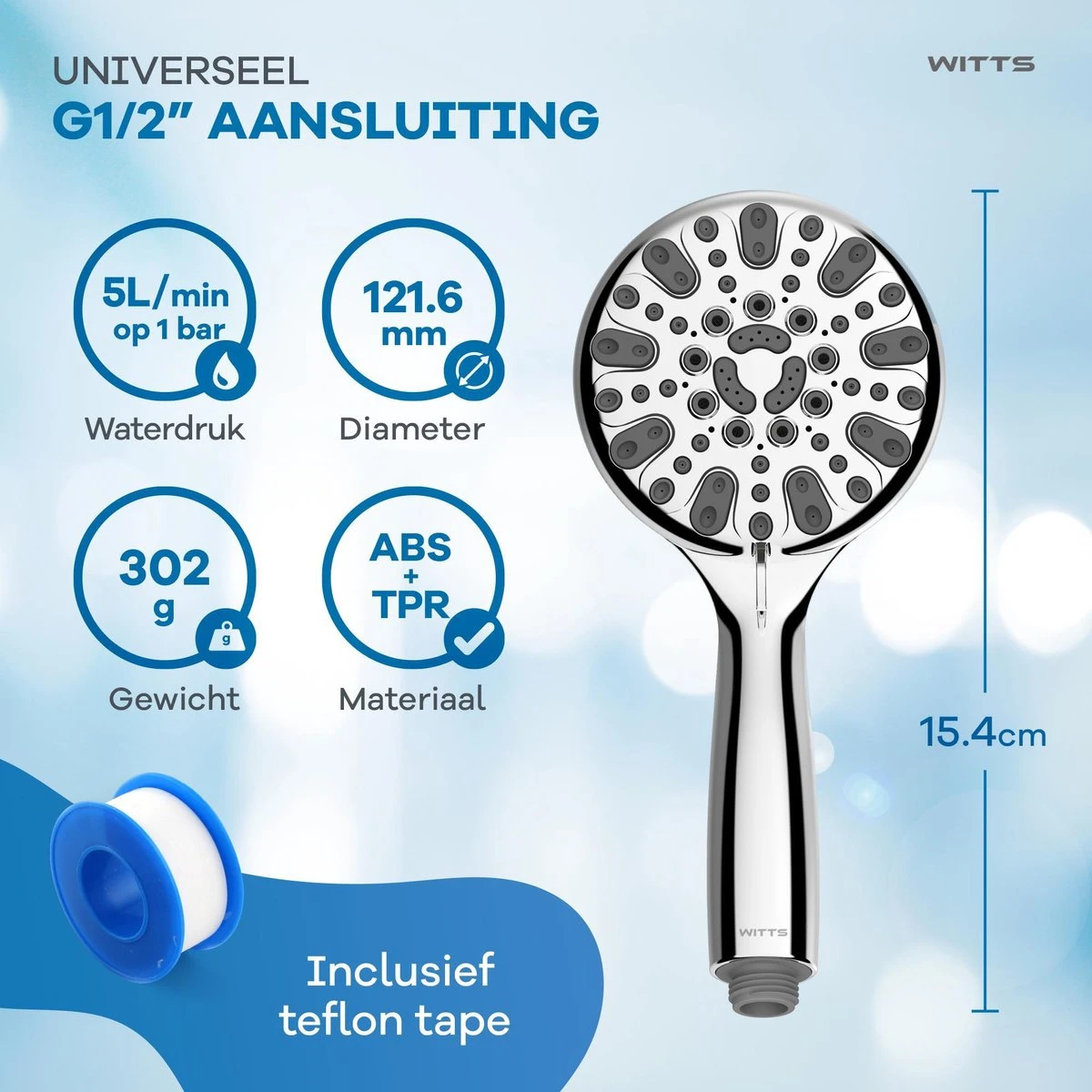 WITTS Douchekop - Waterbesparend - Hoge Kwaliteit - Handdouche ø 12cm - 6 Standen 4 WITTS Douchekop - Waterbesparend - Hoge Kwaliteit - Handdouche ø 12cm - 6 Standen - Afbeelding 2