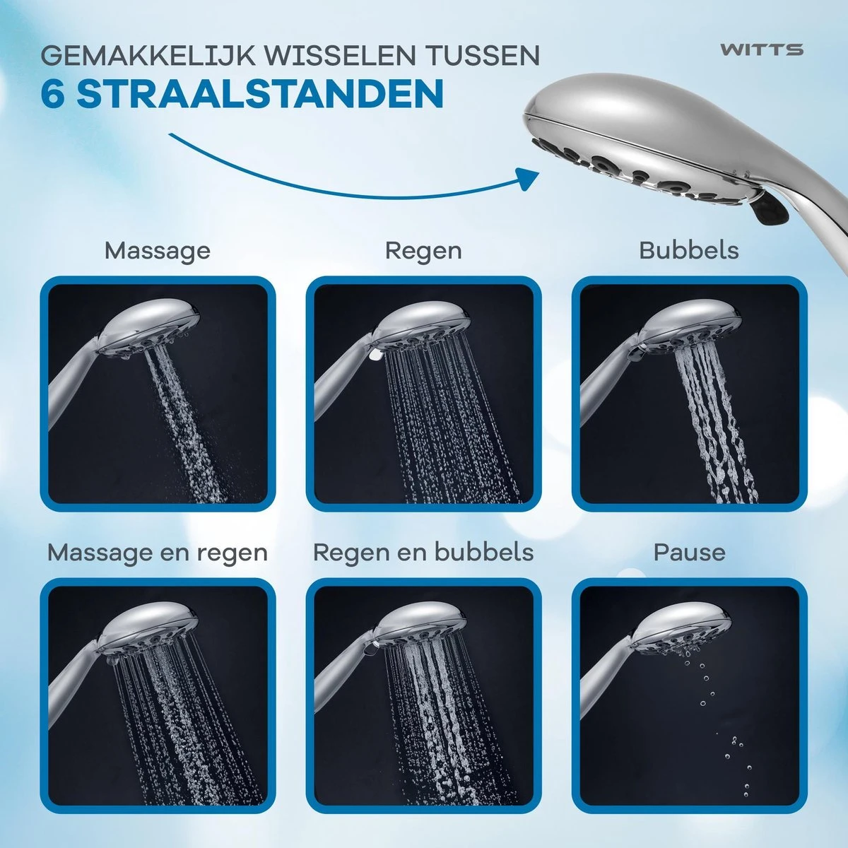 WITTS Douchekop - Waterbesparend - Hoge Kwaliteit - Handdouche ø 12cm - 6 Standen 5 WITTS Douchekop - Waterbesparend - Hoge Kwaliteit - Handdouche ø 12cm - 6 Standen - Afbeelding 3