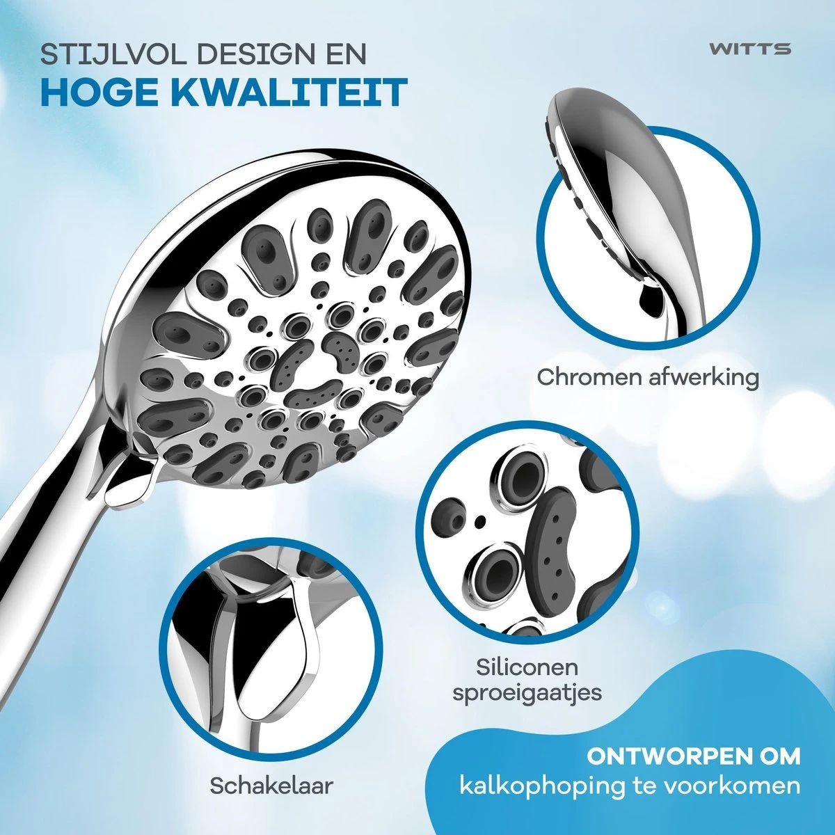 WITTS Douchekop - Waterbesparend - Hoge Kwaliteit - Handdouche ø 12cm - 6 Standen 6 WITTS Douchekop - Waterbesparend - Hoge Kwaliteit - Handdouche ø 12cm - 6 Standen - Afbeelding 4