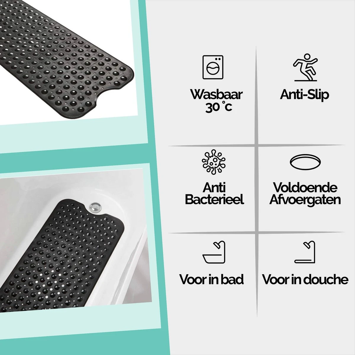 The Original - Badmat Antislip - Zwart - 100x40cm - Antislipmat Douchemat Voor Bad & Douche - Anti Slip Mat Met Zuignappen 4 The Original - Badmat Antislip - Zwart - 100x40cm - Antislipmat Douchemat Voor Bad & Douche - Anti Slip Mat Met Zuignappen - Afbeelding 2