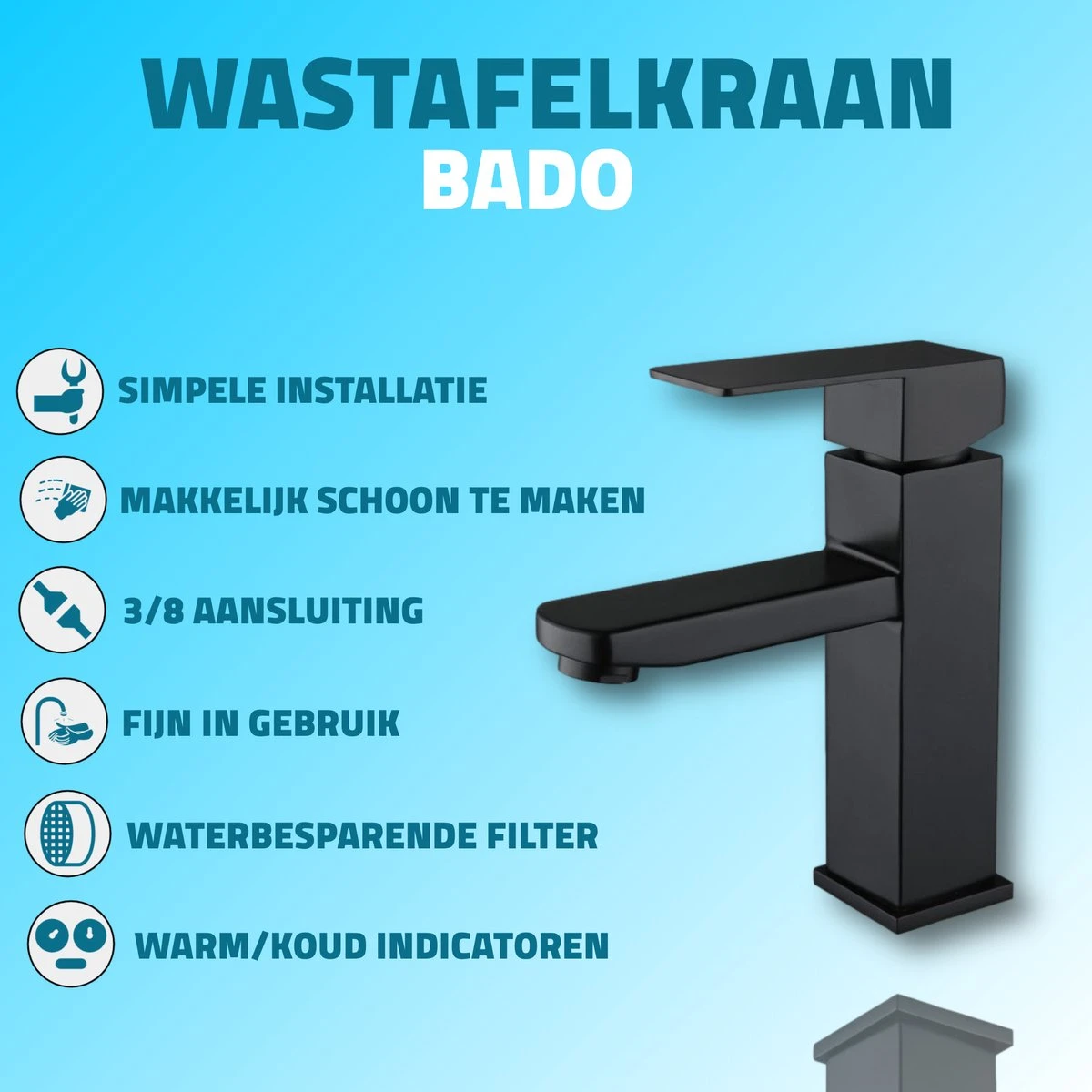 BADO Wastafelkraan - Mat Zwart - Kraan - Mengkraan - Badkamerkraan 5 BADO Wastafelkraan - Mat Zwart - Kraan - Mengkraan - Badkamerkraan - Afbeelding 3
