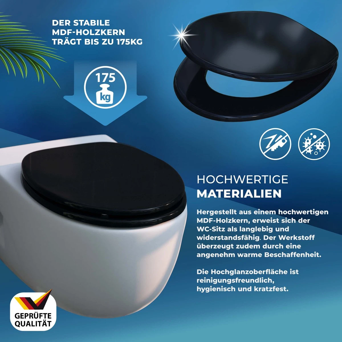 Casaria Wc-bril Met Deksel Sluitingsmechanisme Toiletzitting MDF Zwart 6 Casaria Wc-bril Met Deksel Sluitingsmechanisme Toiletzitting MDF Zwart - Afbeelding 4