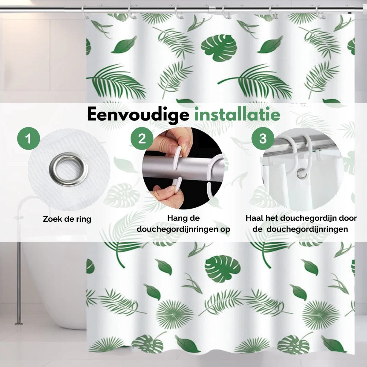 VAIVE Douchegordijn Groen 180x200 - Anti Schimmel - Douchegordijnen - Ringen 5 VAIVE Douchegordijn Groen 180x200 - Anti Schimmel - Douchegordijnen - Ringen - Afbeelding 3