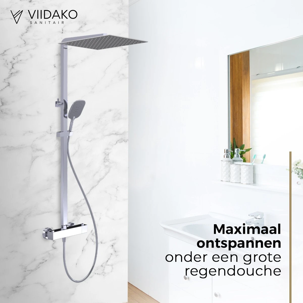 Viidako Kimii Doucheset Opbouw Compleet – Chroom – Vierkant - Sedal Binnenwerk -Thermostaatkraan – Zeer Goede Kwaliteit – RVS, ABS En Messing – Design 4 Viidako Kimii Doucheset Opbouw Compleet – Chroom – Vierkant - Sedal Binnenwerk -Thermostaatkraan – Zeer Goede Kwaliteit – RVS, ABS En Messing – Design - Afbeelding 2