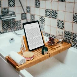 RelaxTub® Badplank - Badplank Voor In Bad - Badrek - Verstelbaar - Anti Slip - Badplank Bamboe - Badplank Hout - Badrekje Inclusief Boekenhouder, Tablethouder & Spiegel -Badkamerproducten Winkel 1200x1200 669