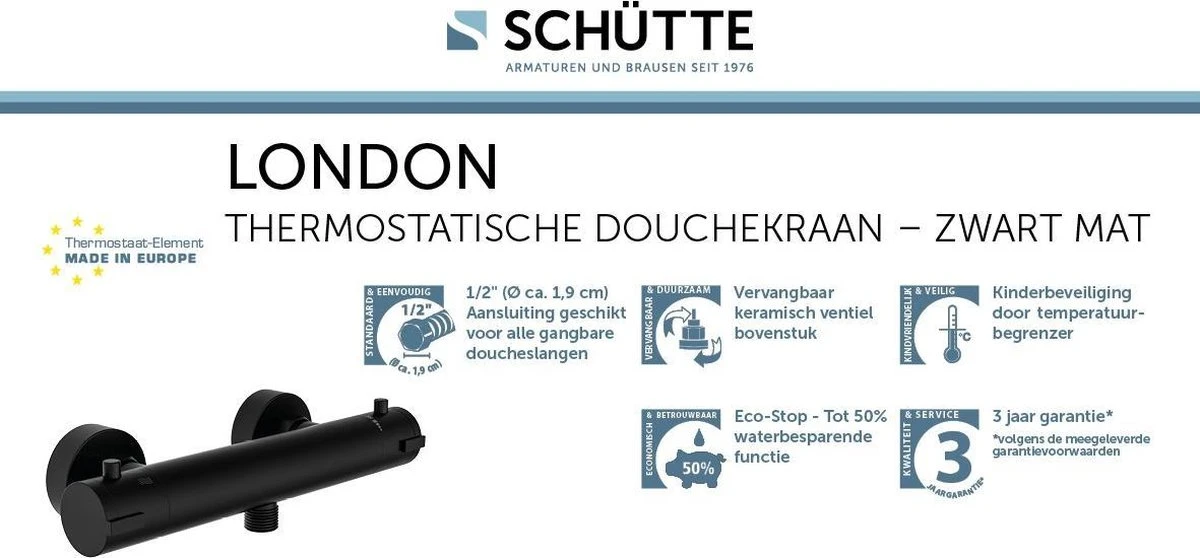 SCHÜTTE London Thermostatische Douchekraan - Hartafstand 120 Mm - Zwart Mat 11 SCHÜTTE London Thermostatische Douchekraan - Hartafstand 120 Mm - Zwart Mat - Afbeelding 9