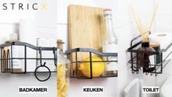 STRICX Doucherek 2 Laags Zwart - Zelfklevend Doucherek Inclusief 3 Ophanghaakjes - Doucherek Voor Badkamer / Keuken - Doucherek Met Plakstrip - Keukenrek Met Plakstrip - Badrek Douche - Kruidenrek Specerijen - Badkamerrek Douchemandje -Badkamerproducten Winkel 1200x675 21