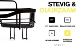 STRICX Doucherek 2 Laags Zwart - Zelfklevend Doucherek Inclusief 3 Ophanghaakjes - Doucherek Voor Badkamer / Keuken - Doucherek Met Plakstrip - Keukenrek Met Plakstrip - Badrek Douche - Kruidenrek Specerijen - Badkamerrek Douchemandje -Badkamerproducten Winkel 1200x735