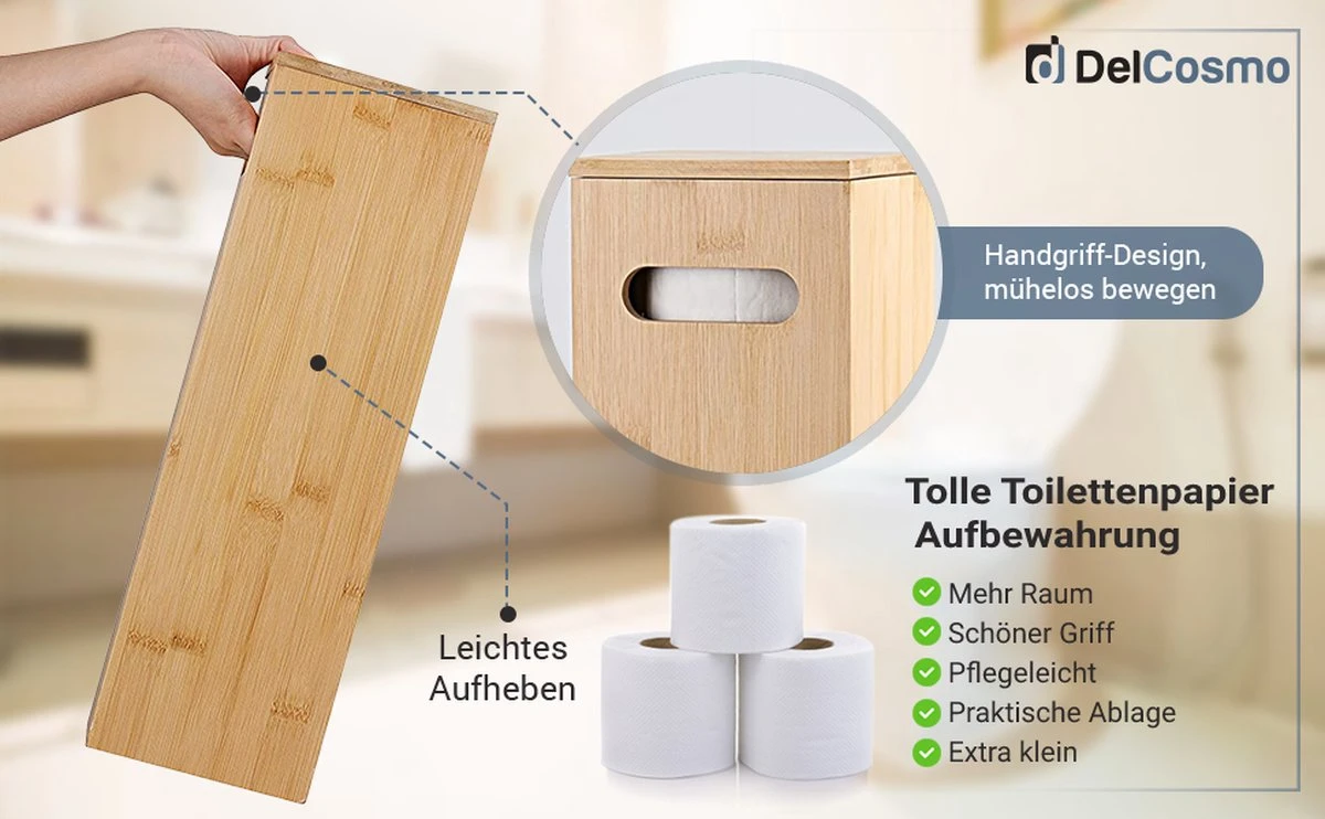 DelCosmo Staande Toiletpapier Houder Gemaakt Van Bamboe - Toiletrolhouder Voor 4 Toiletrollen - Toiletrollen Rolhouder - Toilet & Badkamer Accessoires 5 DelCosmo Staande Toiletpapier Houder Gemaakt Van Bamboe - Toiletrolhouder Voor 4 Toiletrollen - Toiletrollen Rolhouder - Toilet & Badkamer Accessoires - Afbeelding 3