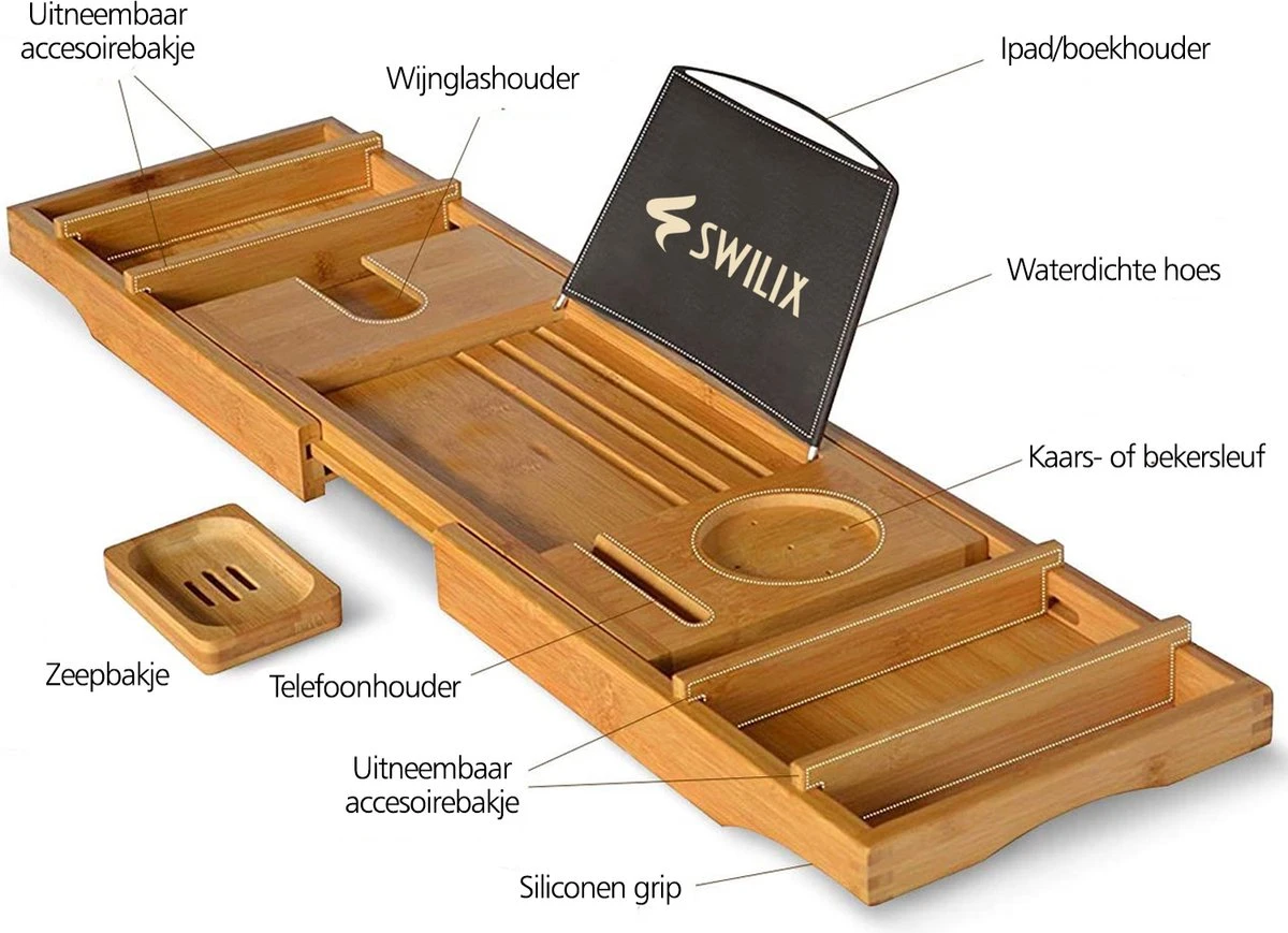 SWILIX ® Badplank - Uitschuifbaar - Voor In Bad - 71 Tot 108 Cm - Met Houder - Hout 4 SWILIX ® Badplank - Uitschuifbaar - Voor In Bad - 71 Tot 108 Cm - Met Houder - Hout - Afbeelding 2