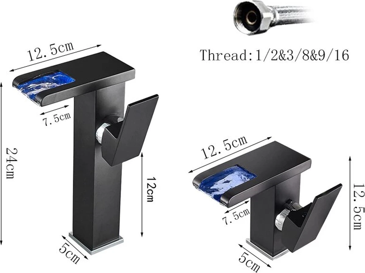 Merkloos Messing - LED Waterval Badkamer Wastafel Kranen Set - Koud Warm Water Mixer - Wastafelkranen - Zwart - 12.5cm Hoogte 4 Merkloos Messing - LED Waterval Badkamer Wastafel Kranen Set - Koud Warm Water Mixer - Wastafelkranen - Zwart - 12.5cm Hoogte - Afbeelding 2